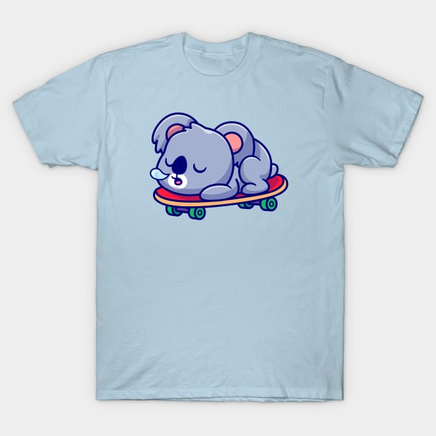 Cute Koala Sleeping On Skateboard Cartoon T-Shirt by Catalyst Labs